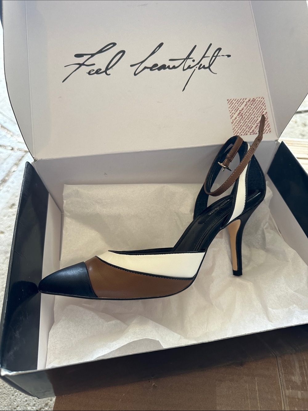 White House Black Market Black, White & Brown Pointed Ankle-Strap Pump